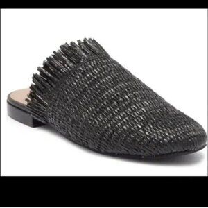 LINEA PAOLO Andine Black Woven Raffia Fringe Mules Slip On Slides Sandals sz 12